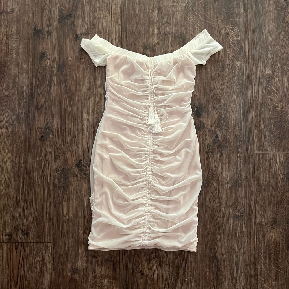 Tiger Mist Off-Shoulder Ruched Cream Dress